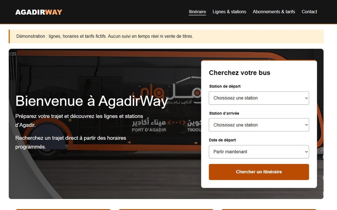AgadirWay homepage with the journey search