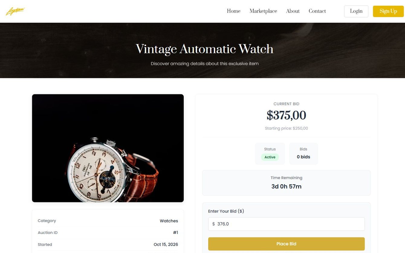 Auction detail page with current bid and countdown
