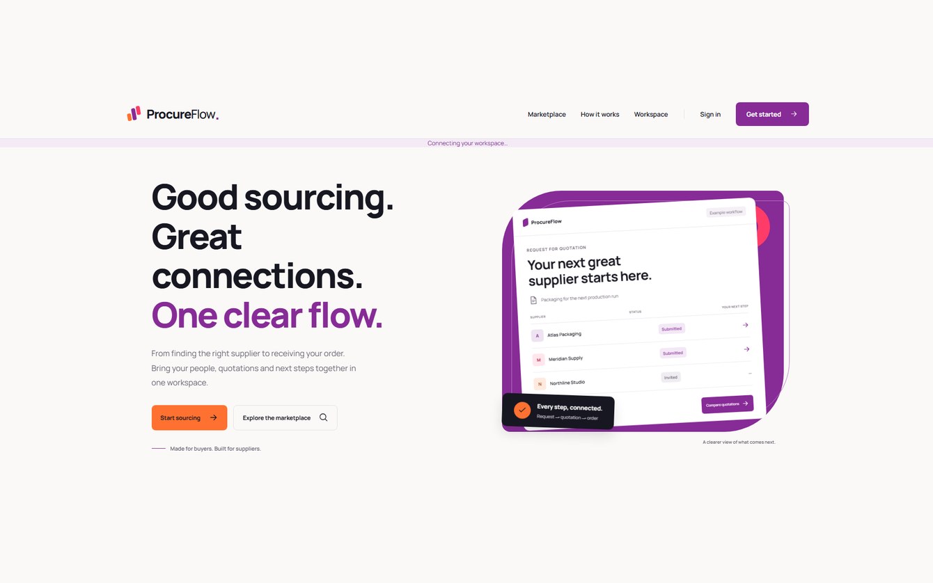 ProcureFlow landing page: Good sourcing. Great connections. One clear flow.